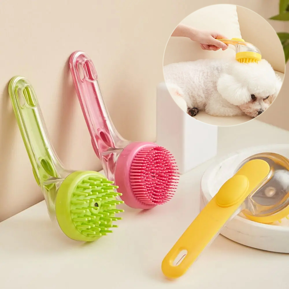 Dog Bath Brush Shampoo Dispenser filled with shampoo ready for pet bath